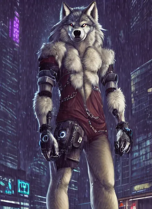 Image similar to character portrait of a male muscular anthro wolf fursona with a tail and a cute beautiful attractive detailed furry face wearing stylish cyberpunk clothes in a cyberpunk city at night while it rains. hidari, color page, tankoban, 4K, tone mapping, Akihiko Yoshida. Nomax, Kenket, Rukis, Falvie.