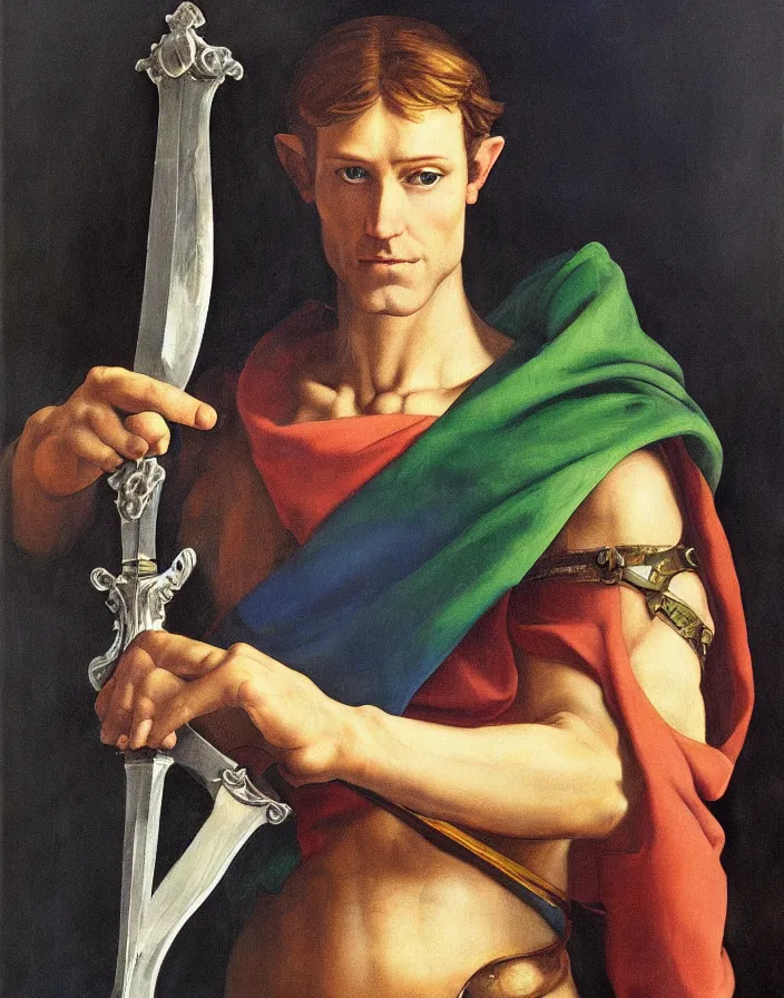 Prompt: oil painting half-length portrait of Link holding the mastersword by Michelangelo