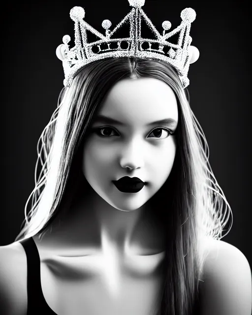 Image similar to black and white dreamy young beautiful female artificial intelligence with a techno crown, cinematic, rim light, bokeh, photo - realistic, elegant, high detail, 8 k, masterpiece, photo taken in 1 9 3 0