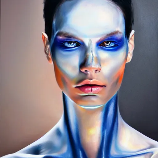 Image similar to cyborg fashion model, hyperrealism oil painting, matte