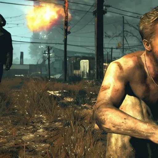 Image similar to ryan gosling kills a mutant in fallout 4