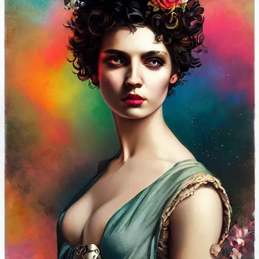 Image similar to Lofi magicpunk portrait beautiful woman with short brown curly hair, roman face, phoenix, rainbow, floral, Tristan Eaton, Stanley Artgerm, Tom Bagshaw