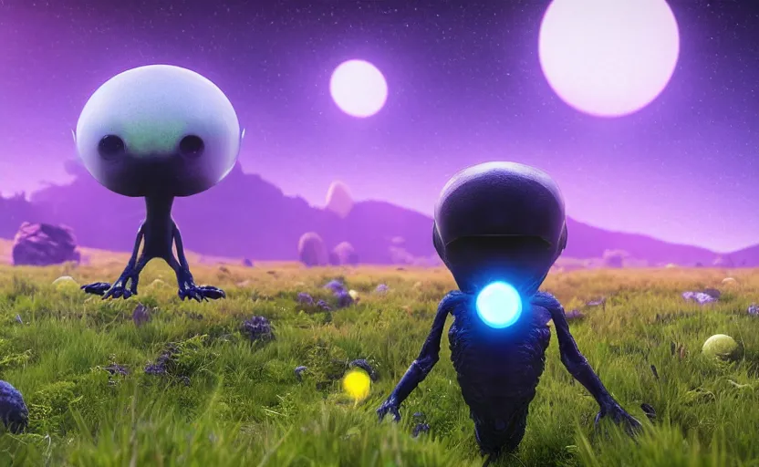 Image similar to grey alien with large black eyes holding an energy rifle on an alien planet with purple soil, green sky, blue and yellow fauna, alien creatures in the background, 3d render, Unreal Engine, octane render, ray tracing, Unity, highly detailed, high quality, HD, 4k, 8k, realistic, sharp, trending