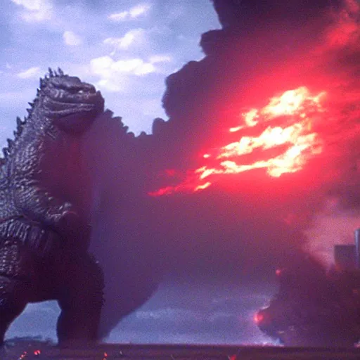 Image similar to godzilla exhaling a large hit from his bong, movie still, cinematic lighting