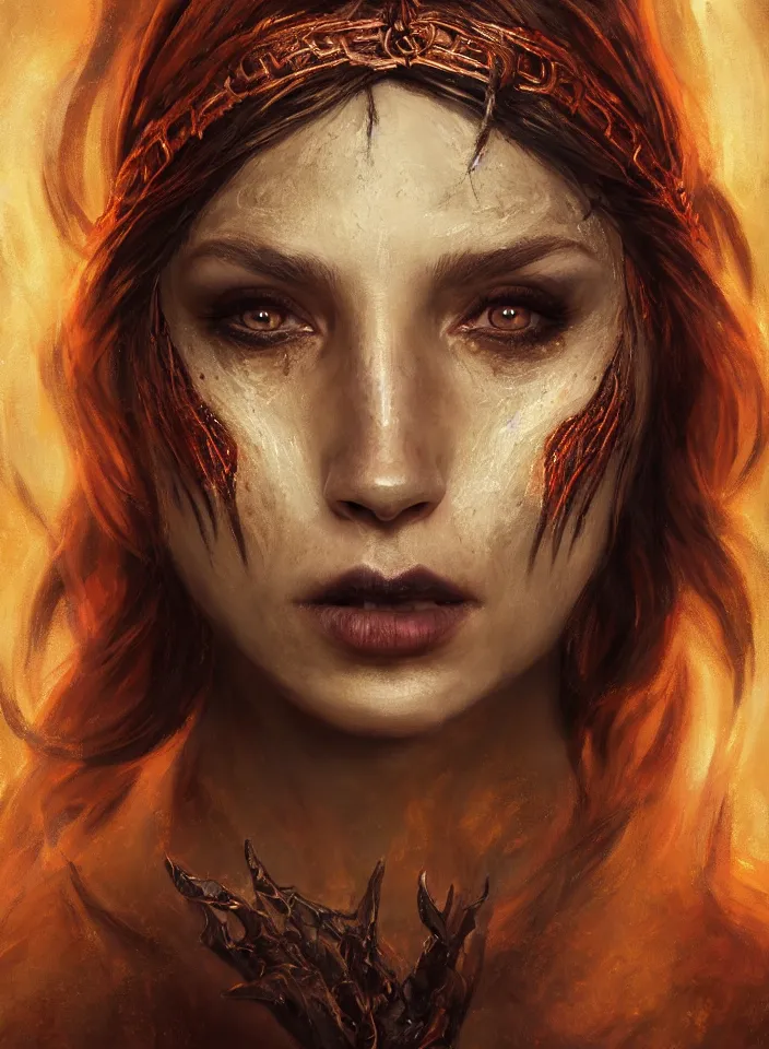 Prompt: a face portrait of a beautiful girl as a fire sorceress from skyrim, fantasy setting, beautiful face, serene colors, soft lighting, atmospheric, cinematic, moody, in the style of diego koi, gina heyer, luiz escanuela, art by alyssa monk, hyperrealism, rule of thirds, golden ratio, oil on canvas, 8 k