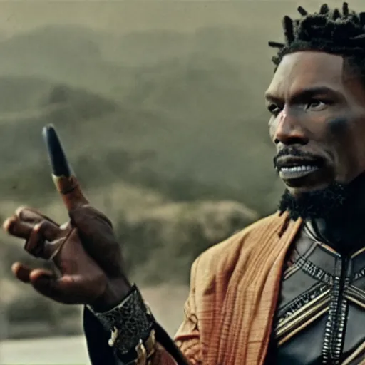Image similar to film still of 1980s Charlie Murphy as Killmonger in Black Panther movie