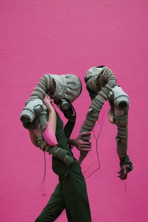 Image similar to a surreal portrait of intertwined and contorted figures wearing gas mask next to a pink wall in the style of brooke didonato, editorial fashion photography from vogue magazine, full shot, nikon d 8 1 0, ƒ / 2. 5, focal length : 8 5. 0 mm, exposure time : 1 / 8 0 0, iso : 2 0 0