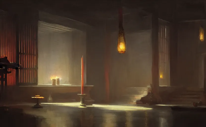 Image similar to painting of an interior Japanese temple with candles by Greg Rutkowski and Craig Mullins, Dark atmospheric sad and cinematic lighting, Trending on artstation
