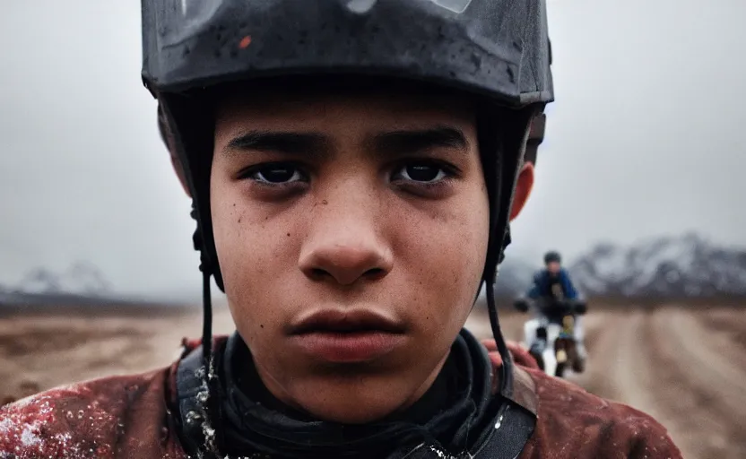 Prompt: cinestill 5 0 d candid photographic portrait by steven spielberg of a mixed teen wearing rugged black mesh techwear on a dirtbike through a desolate plain, extreme closeup, modern cyberpunk moody emotional cinematic, snow storm, 8 k, hd, high resolution, 3 5 mm, f / 3 2, ultra realistic faces, ex machina