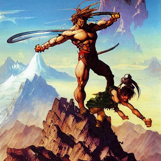 Prompt: crono stands atop a mountain of as marle and ayla clutch his legs, epic painting by frank frazetta