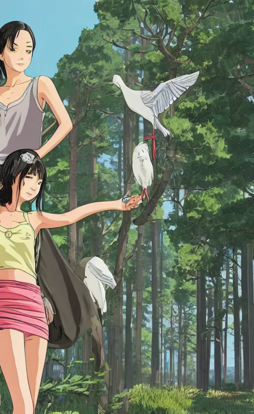 Prompt: gta5, by studio ghibli, eiichiro oda style, girl next to a japanese crane bird in japanese pines, trading card front, kimono, realistic anatomy, concept art, sun in the background