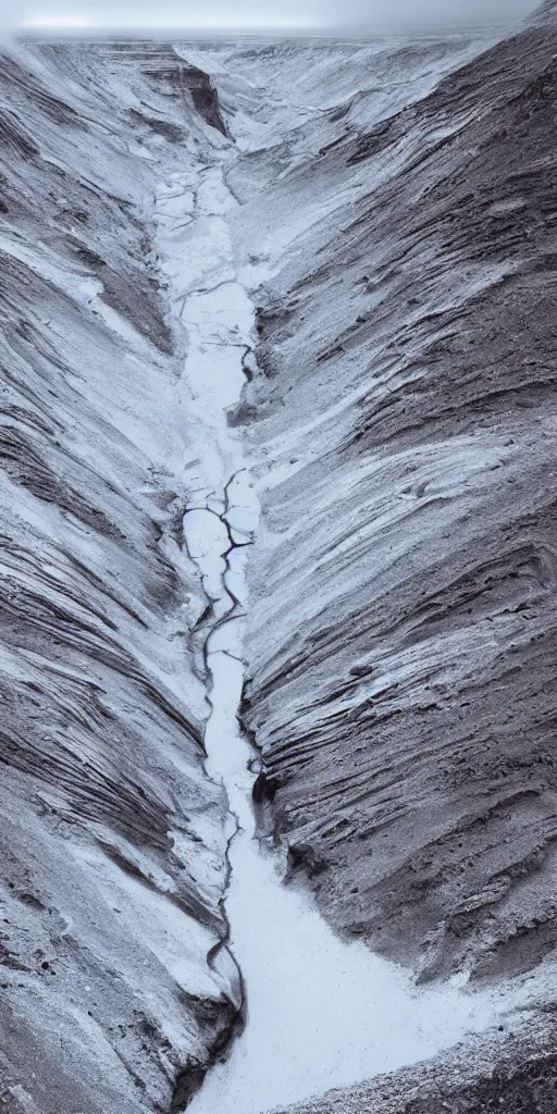 Image similar to dream looking through a hyper realistic photograph of a ice covered canyon, minimal structure, futureistm landscape, misty, icelandic valley, small stream over black rock, timed exposure, in the style of reuben wu, roger deakins