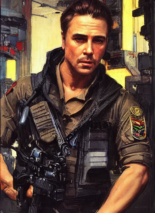 Image similar to Don Johnson. cyberpunk USN marine wearing a military vest and combat gear. (Cyberpunk 2077, bladerunner 2049, rb6s). Squarish face. Iranian orientalist portrait by john william waterhouse and Edwin Longsden Long and Theodore Ralli and Nasreddine Dinet, oil on canvas. Cinematic, hyper realism, realistic proportions, dramatic lighting, high detail 4k