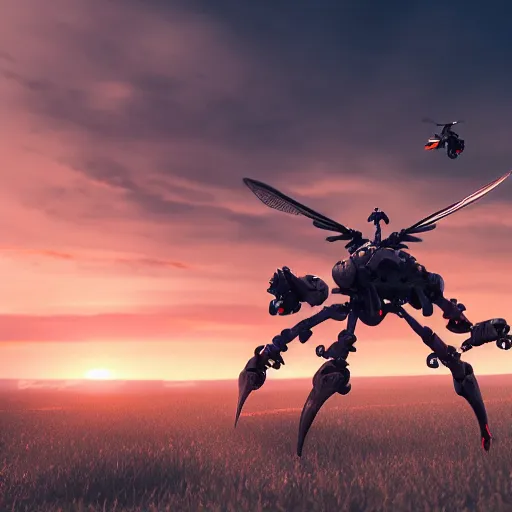 Prompt: flying wasp, mech, Ultra detailed, cinematic, cinematic lights, 8k, photorealistic, epic, sunset