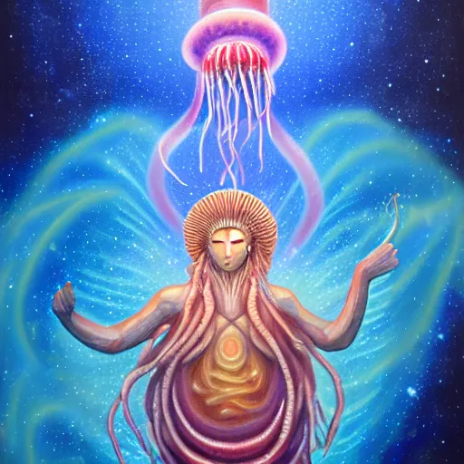 Image similar to powerful stern god of jellyfish metaverse made of ancient magic technology, galactic nebular astral realm sacred journey in oil painting, trending on artstation, award winning, emotional, highly detailed surrealist art