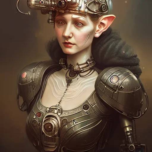 Image similar to dieselpunk robotic elvish empress, extremely detailed, hyperrealistic, intricate, soft light, fantasy, d & d, digital painting, art station, by wlop
