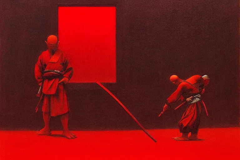 Image similar to only with red, a red samurai harakiri, tokio, a lot of frogs watch, in the style of beksinski, parts by edward hopper, parts by rodcenko, parts by yue minjun, intricate and epic composition, red by caravaggio, insanely quality, highly detailed, masterpiece, red light, artstation, 4 k