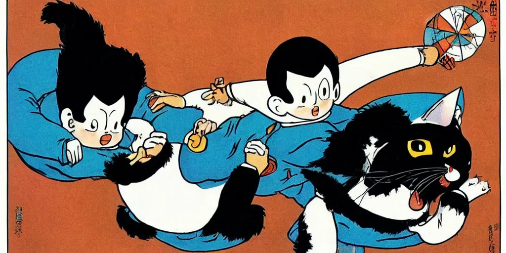 Prompt: astroboy riding a big maine coon cat, [ osamu tezuka ]