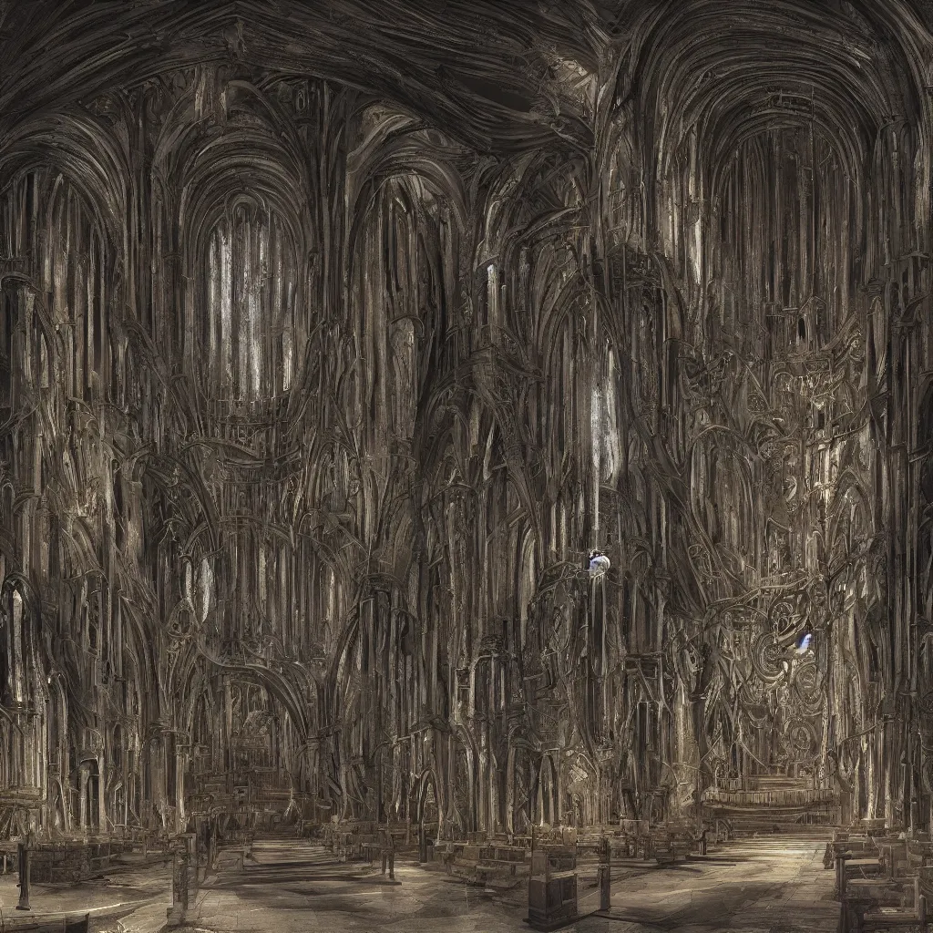 Prompt: digital painting of church interior designed by H R Giger, H.R. Giger style, Alien, Necronomicon, concept art, matte painting, digital painting, realism, 8K, RAW, unedited, symmetrical balance, in-frame