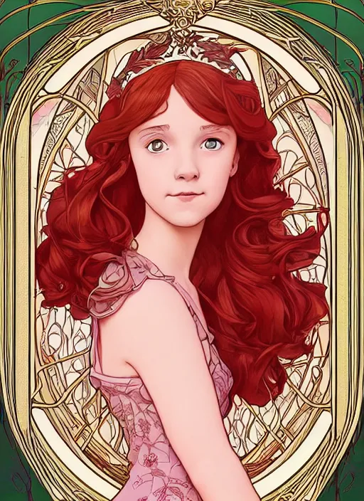 Image similar to well - lit art nouveau portrait of a 1 3 - year old girl who resembles millie bobby brown with red hair as a princess with intricate, ornate jewelry, natural lighting, path traced, highly detailed, high quality, cartoon, digital painting, by don bluth and ross tran and studio ghibli and alphonse mucha