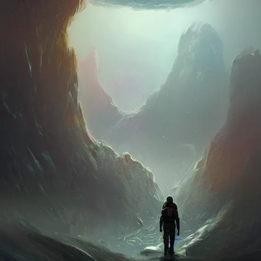 Image similar to an adventurer on an alien planet, artstation hall of fame gallery, editors choice, # 1 digital painting of all time, most beautiful image ever created, emotionally evocative, greatest art ever made, lifetime achievement magnum opus masterpiece, the most amazing breathtaking image with the deepest message ever painted, a thing of beauty beyond imagination or words