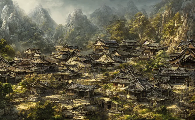 Image similar to highly detailed environment concept art of old, ruined, japanese village from sengoku period, surrounded by dense rock formations, high in mountains, cinematic lighting, photobash, raytracing, volumetric lighting