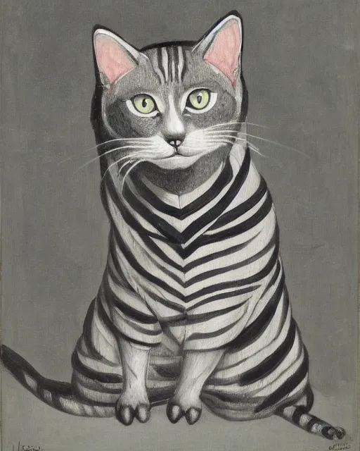 Image similar to an ornamental painting of a grey short haired cat with black stripes, portrait, in the style of John Coulthart, hyper detailed, maximalist