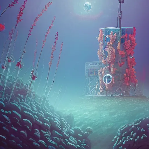 Image similar to beautiful painting of underwater corals as broadcast towers and flowers in white alien monuments in the style of Simon Stålenhag and H. R. Giger, detailed, trending on Artstation