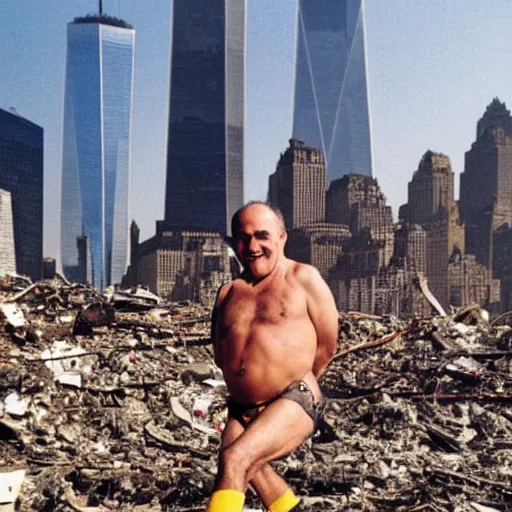 Image similar to a wide shot of a very drunk evil Rudy Giuliani squatting smiling wearing a yellow speedo on top of the world trade center rubble pile in new york