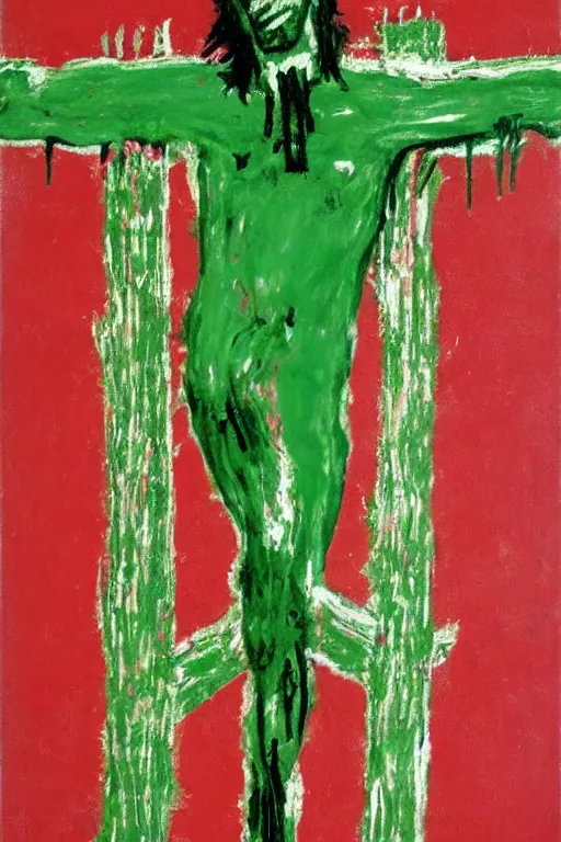 Prompt: green background with bloody christ crucified painted by cy twombly and andy warhol