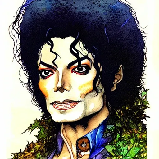 Image similar to a realistic and atmospheric watercolour fantasy character concept art portrait of michael jackson as a druidic warrior wizard looking at the camera with an intelligent gaze by rebecca guay, michael kaluta, charles vess and jean moebius giraud