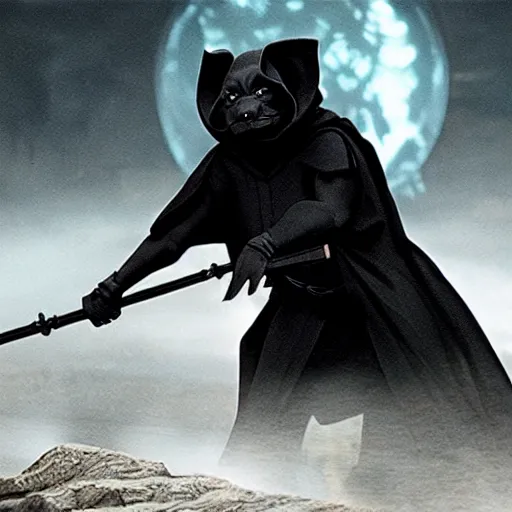 Image similar to a film still of master splinter as a sith lord wearing black attire realistic, detailed