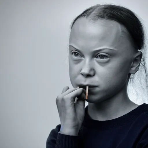 Prompt: hyper - realistic studio photograph of greta thunberg smoking a cigarette