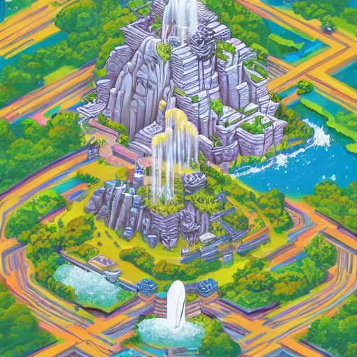 Prompt: isometric fantasy art of a giant waterfall city with tall skybridges and turrets, bold colors, detailed, by studio ghibli