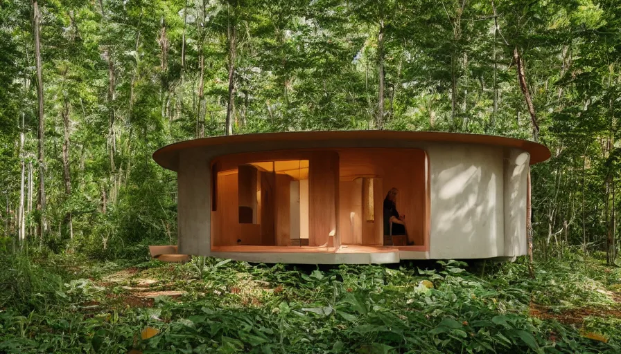 Prompt: A wide image of an eco-community of innovative contemporary 3D printed prefab sea ranch style cabin with rounded corners and angles, beveled edges, made of cement and concrete, organic architecture, in a lush green forest Designed by Gucci and Wes Anderson, golden hour