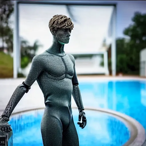 Image similar to a realistic detailed photo of a guy who is an attractive humanoid who is half robot and half humanoid, who is a male android, soccer player martin ødegaard, shiny skin, posing like a statue, blank stare, by the pool, on display, showing off his muscles, humanoid robot, frozen ice statue