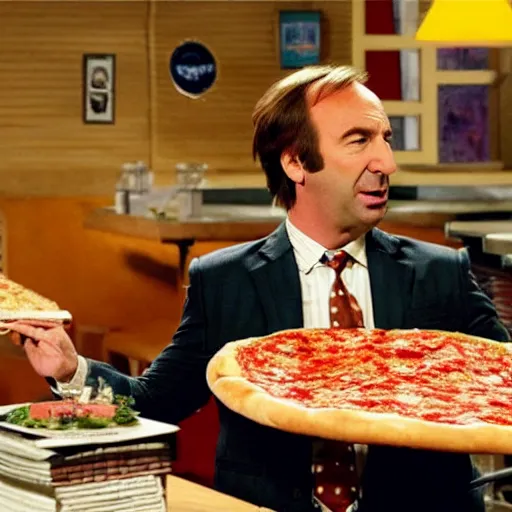 Image similar to Saul Goodman eating a gigantic pizza covering an entire room