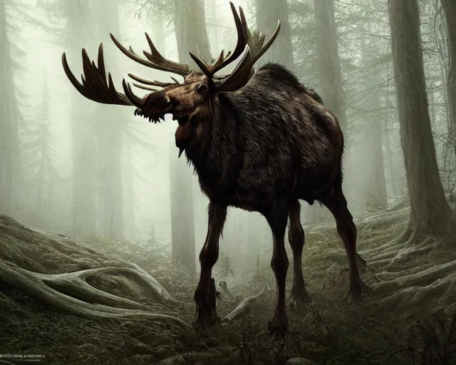 Image similar to 5 5 mm portrait photo of an armored demonic undead rotting moose with red eyes antlers and looking at the camera, in a magical forest. magical atmosphere. art by greg rutkowski and luis royo. highly detailed 8 k. intricate. lifelike. soft light. nikon d 8 5 0.