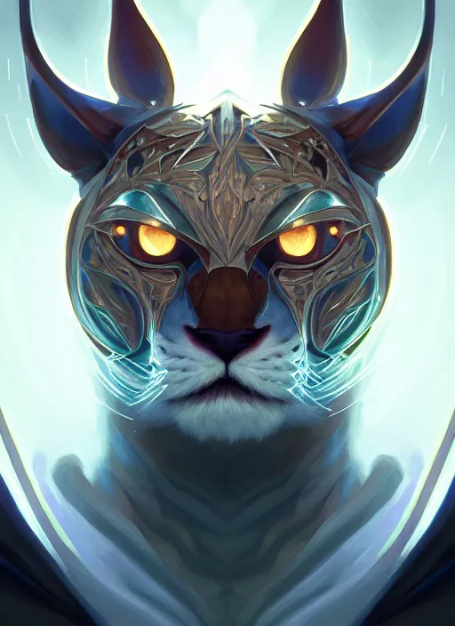 Image similar to symmetry!! portrait of rengar, league of legends, glowing lights!! intricate, elegant, highly detailed, digital painting, artstation, concept art, smooth, sharp focus, illustration, art by artgerm and greg rutkowski and alphonse mucha