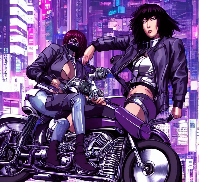 Image similar to motoko kusanagi riding a cyberpunk vehicle in a grungy cyberpunk megacity, bosozoku gang war, cyberpunk vaporwave, by phil jimenez, artgerm, sola digital arts, anti aliasing, raytracing