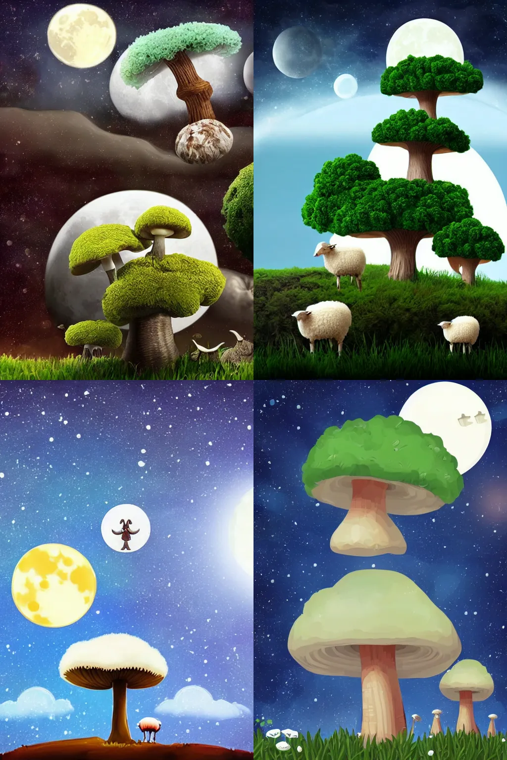 Prompt: A sheep on an alien planet with mushroom trees and a moon in the sky, realistic