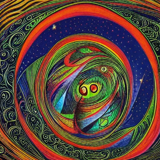 Prompt: rotating black hole distorting the fabric of space - time by louis wain