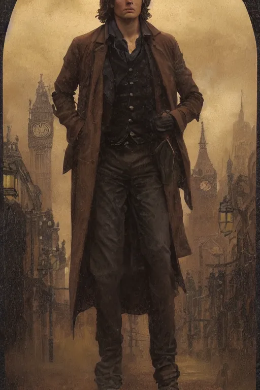 Image similar to a detailed matte portrait of sam winchester in a supernatural sherlock holmes story, 1 8 th century london in the rain, city streets, ominous, masterpiece, 8 k, art by alphonse mucha and greg rutkowski