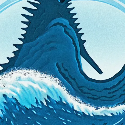 Image similar to a blue water wave in the silhouette shape of Godzilla, cartoon drawing