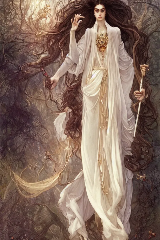 Prompt: thin male royal magician in fantasy long embroidered clothes , voluminous sleeves, long wavy dark hair, long braid, pale skin, 19th century fantasy, ethereal, graceful, elegant, highly detailed, intricate, dramatic lighting, art by Peter Mohrbacher, Bouguereau, Ivan Bilibin, Alphonse Mucha