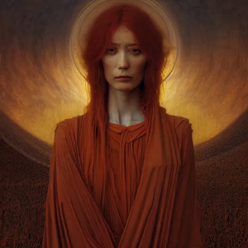 Image similar to Woman masterpiece, red, golden halo behind her head, by Edgar Maxence and Ross Tran, Zdzisław Beksiński, and Michael Whelan, distant, gustav dore, H.R. Giger, 8k, octane render
