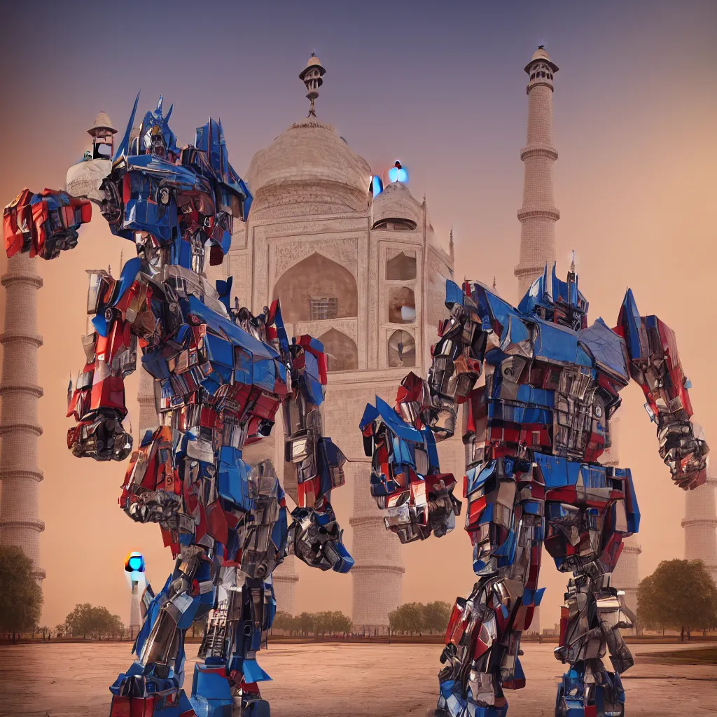 Image similar to optimus prime standing near taj mahal, octane render, volumetric lighting, art by furio tedeschi, hyper detailed