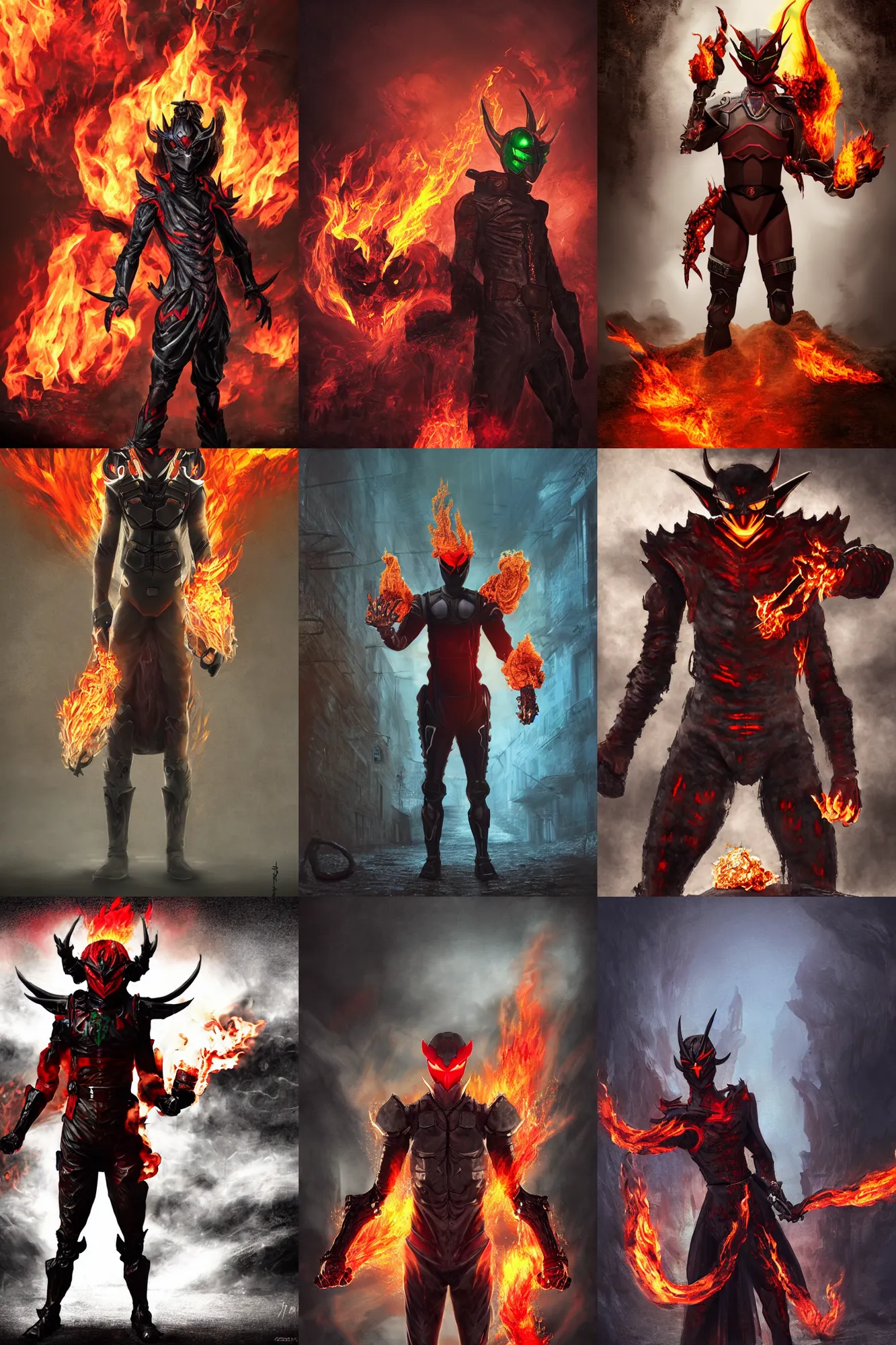 Prompt: character portrait of a demonic monster kamen rider with fire eyes doing a henshin pose with fire hands standing in a misty cobblestone street, wielding fire, matte painting, dramatic lighting, 8 k, rubber suit, digital painting, concept art, muted colors, red colors, moody colors, broken pipes, in the style of frank frazetta