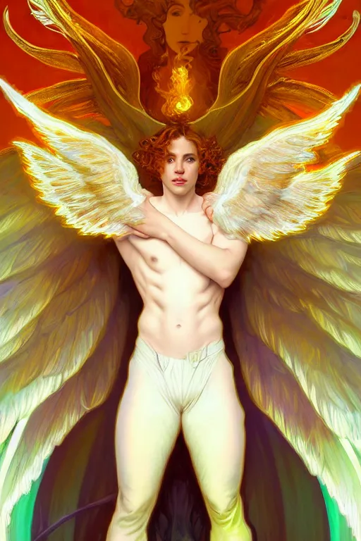 Prompt: symmetrical fullbody portrait of a beautiful young fit male angel with curly blond hairs, fulldressed in long fluent clothes, majestic big red bat wings, luminous fire halo, by greg rutkowski and alphonse mucha, gradient white to gold, in front of an iridescent background, highly detailed portrait, digital painting, artstation, concept art, smooth, sharp focus illustration