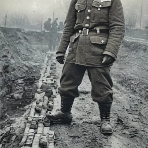 Image similar to omni man, historical photo, ww 2, trench